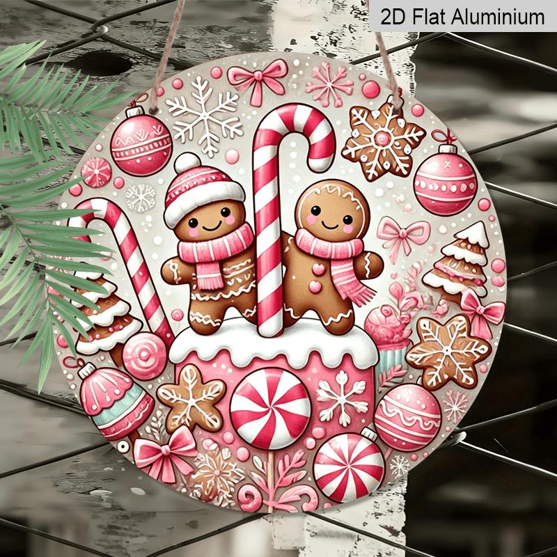 2D Flat, 1pc Charming Pink Sweet World Christmas Candy & Gingerbread Round Metal Wall Art, Festive Aluminum Sign with Candy Canes, Snowflakes