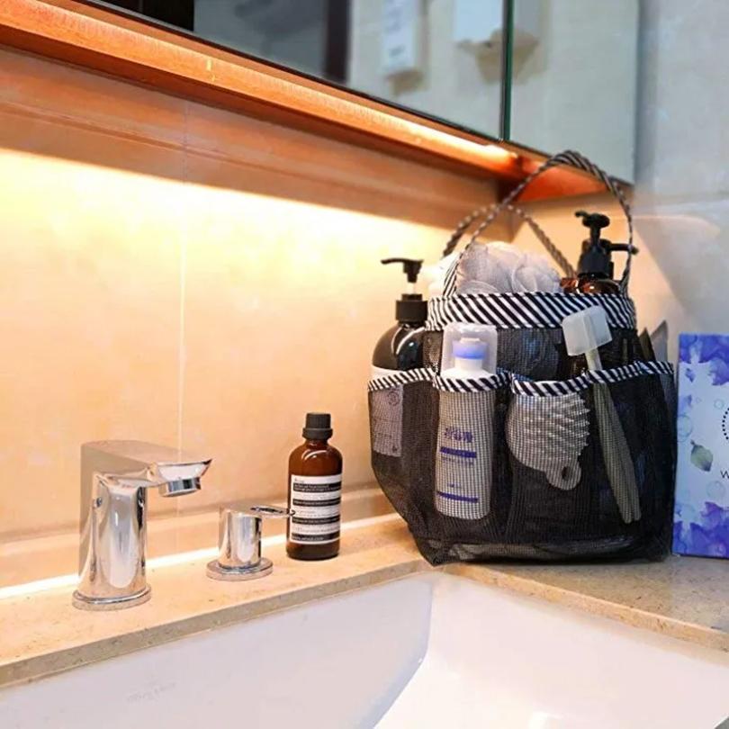 Borsa da Doccia in Rete, Borsa Portatile per Bagno del College, Quick Hold, 8 Tasche a Rete con Gancio per Chiavi e 2 Manici in Oxford - Nero