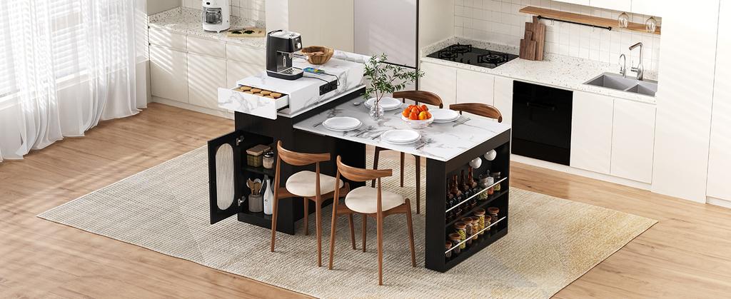 Kitchen Island with Casters, Extendable Dining Table with Foldable Tabletop, Bar Table with Power Strips and Hooks (black)