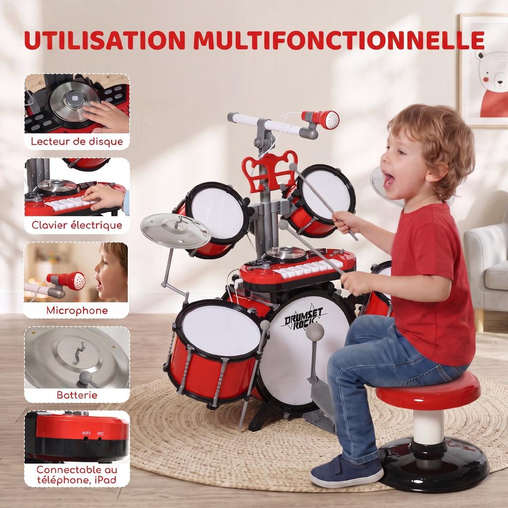 Children's Drum Kit with Stool, Electronic Keyboard, Microphone, USB, 77.5 x 40 x 76.5 cm, Red