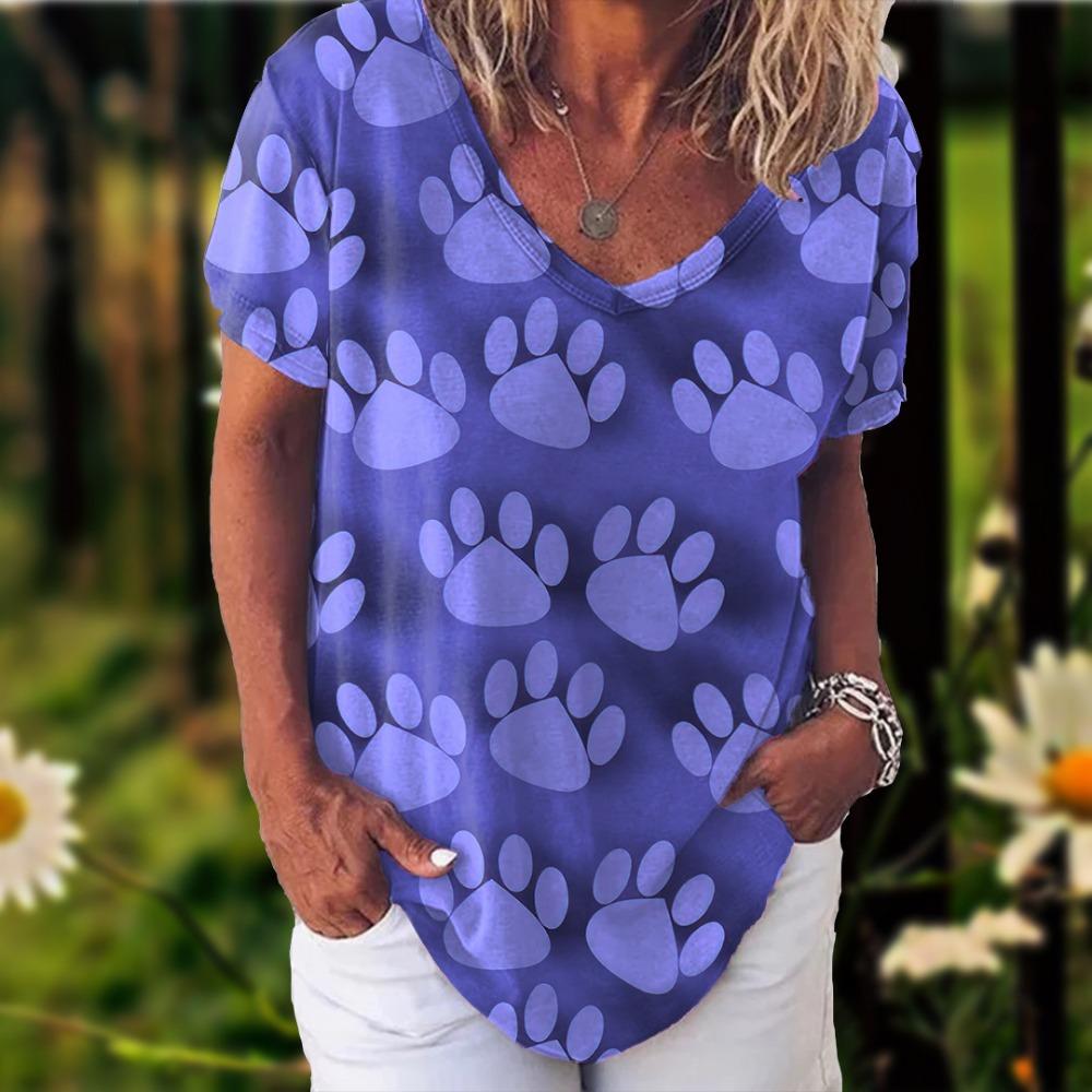 New Rainbow Watercolor Dog Paw 3D Printing T-shirt Women's V-neck Casual Short-sleeved Y2k Top Harajuku Tees Clothing