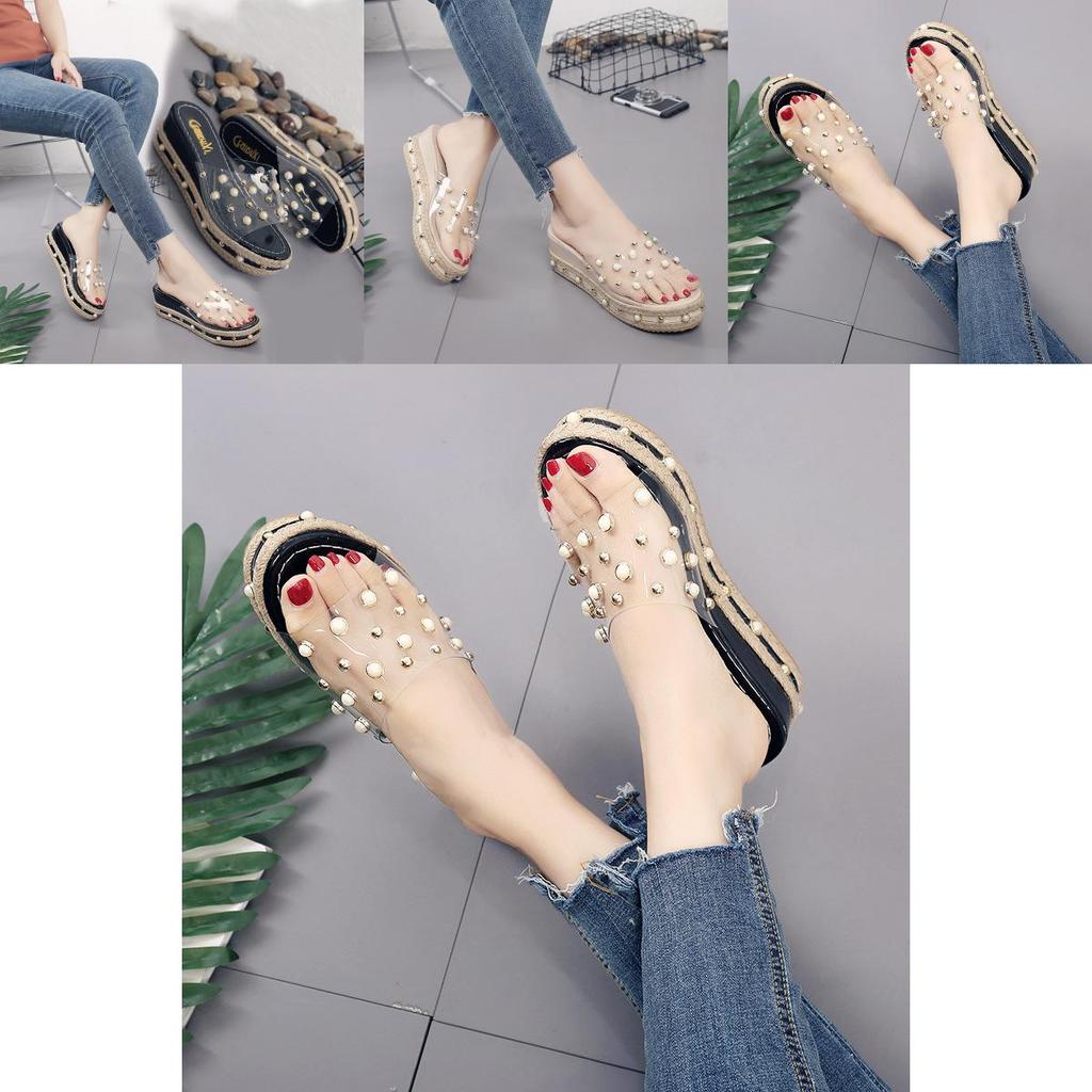 Elegant Women Pearl High-heeled Slippers With Grass Thick-soled Outdoor Sandals