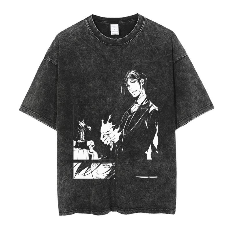 T-shirt Stampata Cool con Personaggio Michaelis Sebastian di Black Butler per Uomo Donna Magliette in Cotone Manga T-shirt Lavata Vintage T-shirt Maschile Harajuku