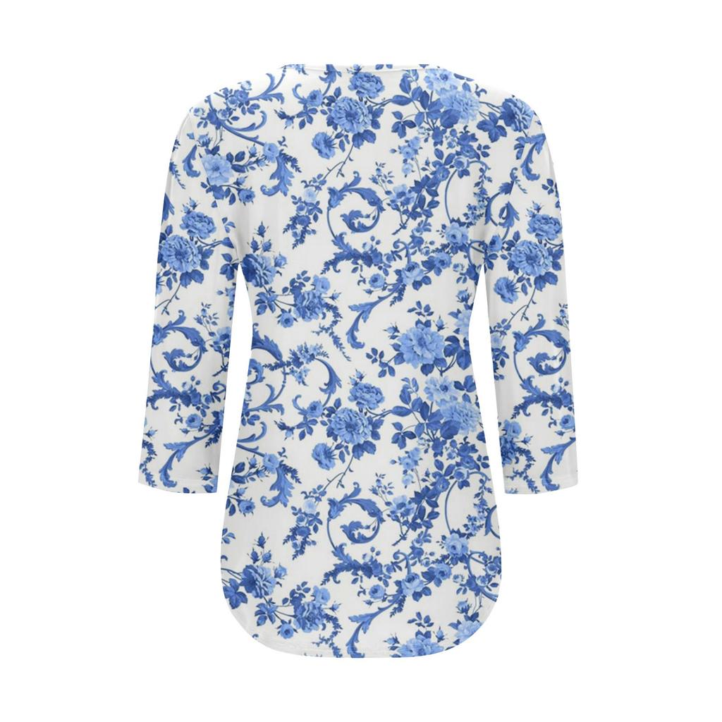 Women's Fashionable Casual Pleated Round Neck Casual Floral Print Seven Quarter Sleeved T-shirt Top