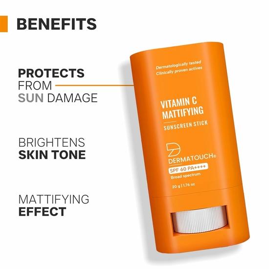 DERMATOUCH Stick de protecție solară matifiant cu vitamina C | SPF 60 PA++++ | Pentru iluminare | Cremă de protecție solară ușoară, fără urme albe, pentru toate tipurile de ten - 20g