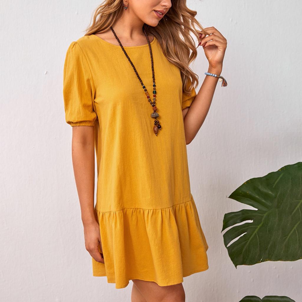2025 New Women's Dress Solid Color Loose Waist Cotton Linen Crew Neck Dress