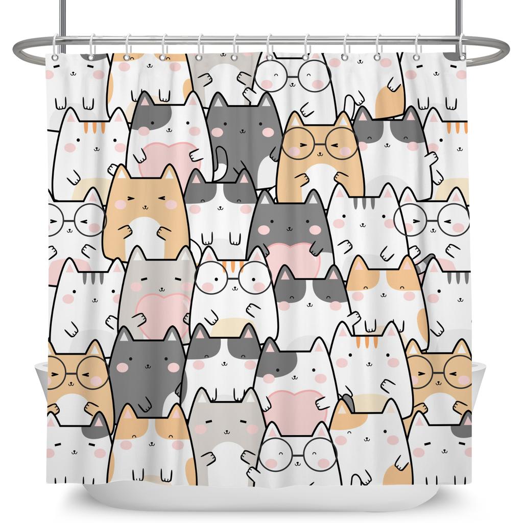 Minimalist Comics Shower Curtain Cute Cats Funny Cat Bath Scene Decor Waterproof Polyester Bathroom Curtain Set with 12 Hooks