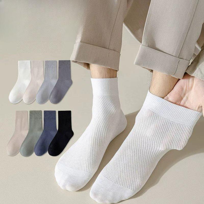 Men's Summer and Spring Mid-calf Socks, Pure Cotton Anti-odor Summer Mesh Breathable and Sweat-absorbing Solid Color Sports Socks