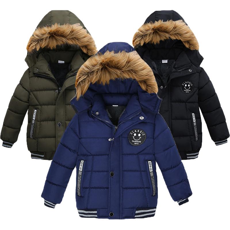 Jongens Jas Herfst Winter Effen Kleur Verdikken Capuchon Rits Mode Bontkraag Kinderen Warmhouden Bovenkleding