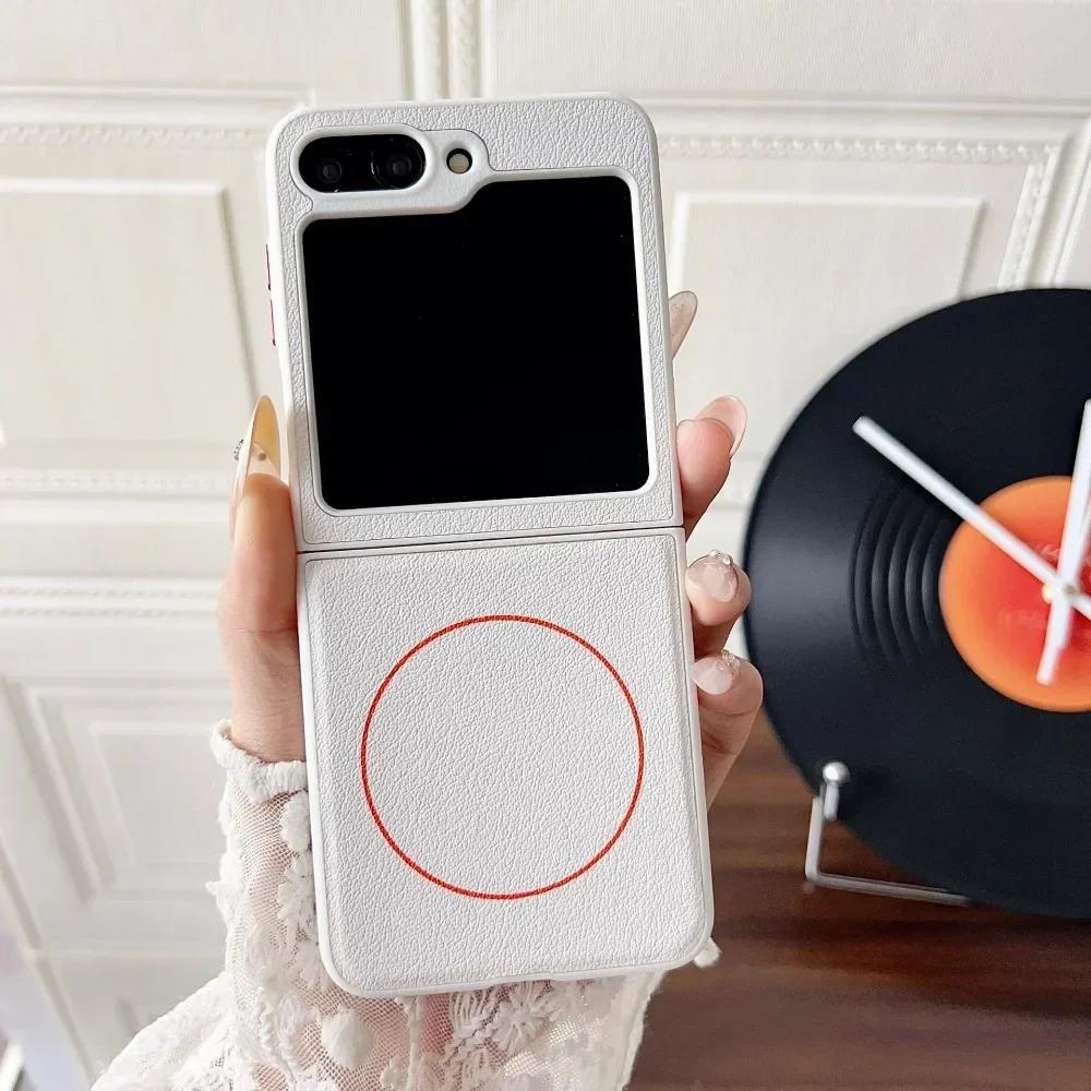 Minimalist Litchi Leather Screen Phone Case for Samsung Galaxy Z Flip 7 6 5 Fine Ring Magnetic Wireless Charge Protection Cover