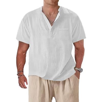 Summer New Men's Cotton Linen T-shirt Short Sleeve Henley Neck Casual Lightweight Breathable Solid Color Tops Basic Style Tees