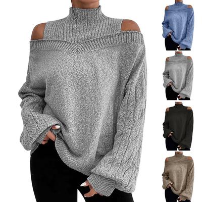 Women's Fashion Off-shoulder Sweater Pullover Loose Half-high Collar Long Sleeve Knit Cardigan