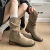 Vintage pleated new western rad mid-heel short boots women's beauty autumn thick heel fashion round head stacking boots