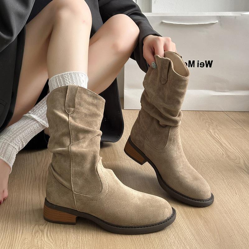 Vintage pleated new western rad mid-heel short boots women's beauty autumn thick heel fashion round head stacking boots