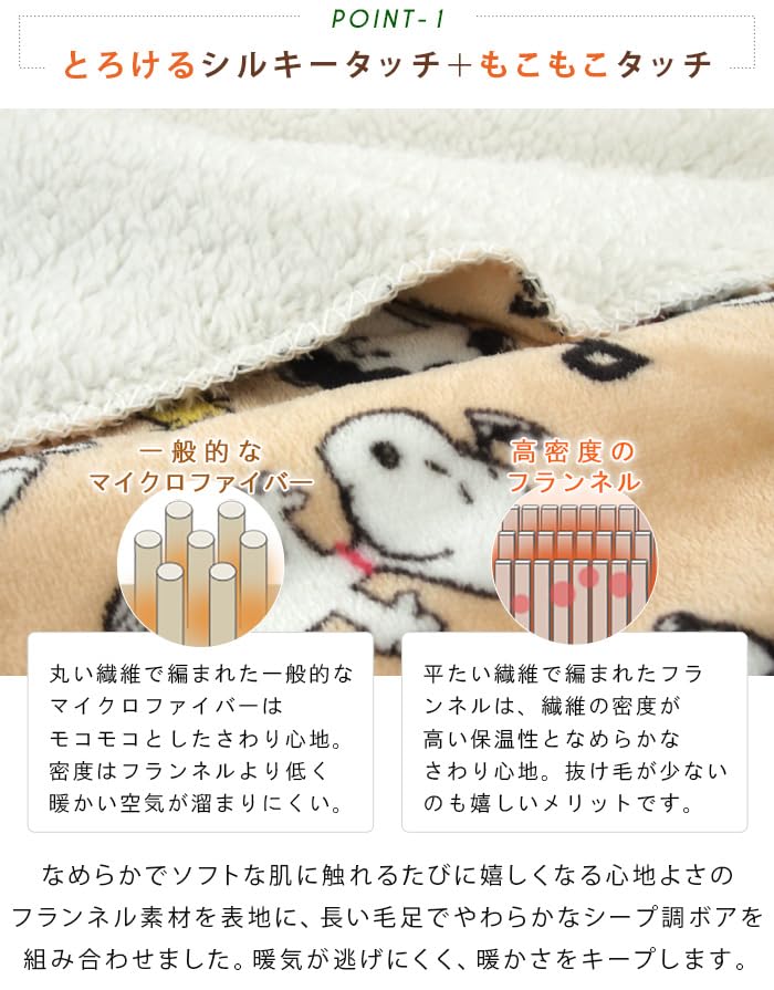 Rivere Single Snoopy Flannel with Sheepskin Warm Throw 140 X 200 Cm Blanket, 2-Ply, Boa, Blanket, Approx.