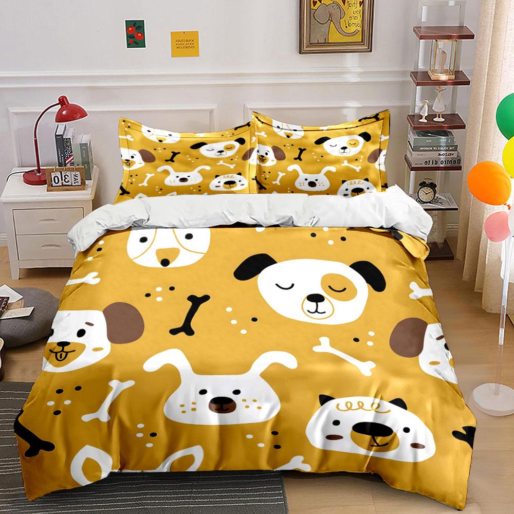 Cute Dog Pattern Three-Piece Set Bedding Set with 1 Duvet Cover 2 Pillowcases Single Double King Queen, Gift