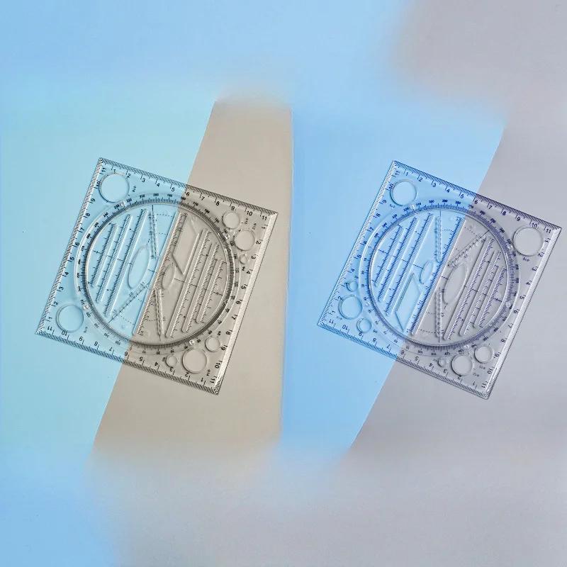 1/2pcs Multi-Functional Geometry Drawing Ruler, Transparent Protractor, Rotatable Ruler, 3D Scale Ruler for Drafting