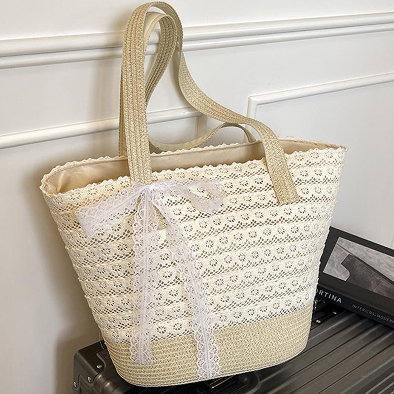 Holiday Straw Bag Lace Woven Bag Large Capacity Tote Bag Women's Spring and Summer New Seaside Shoulder Bag Summer Beach Tote Handbag