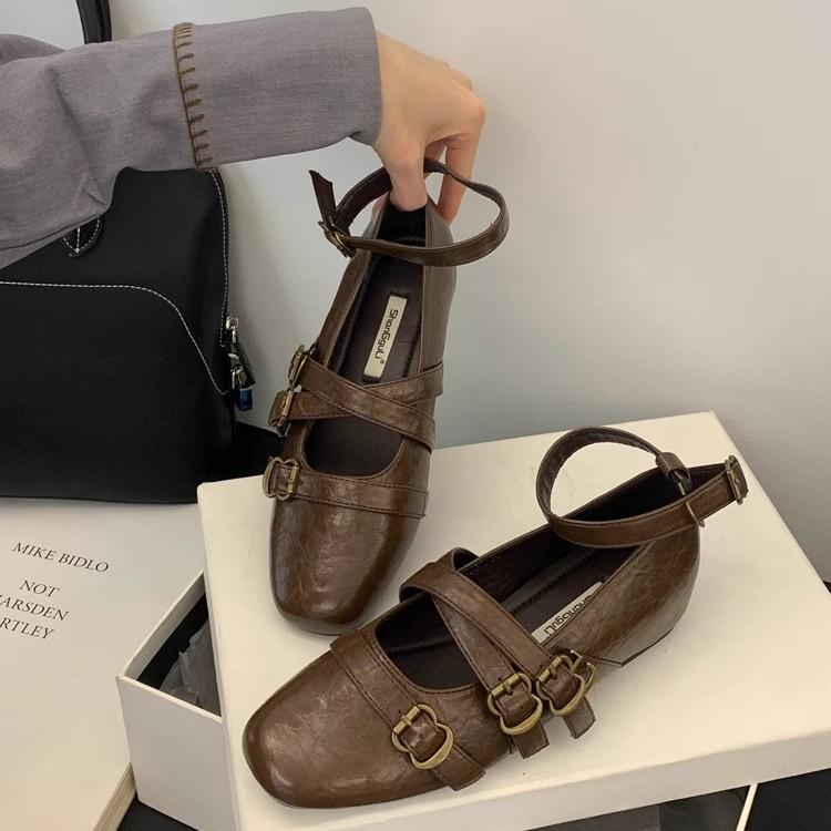 Cross belt design sense Mary Jane single shoes women's 2025 spring new French flat bottom square head commuter small leather shoes