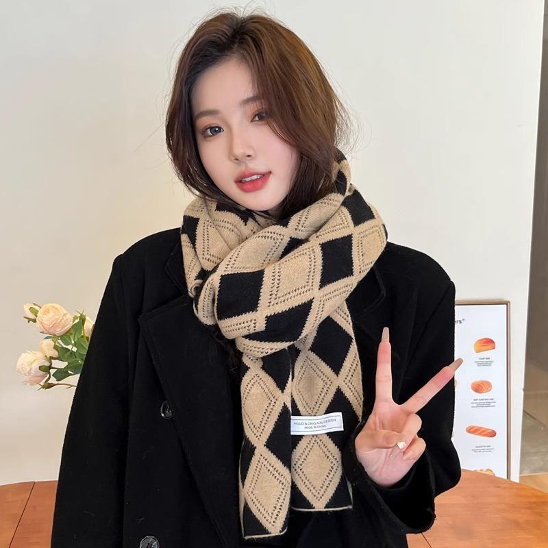 New Knitted Wool Double Sided Scarf for Girls in Autumn and Winter Versatile Scarf  Thick and Warm  Korean Style  Simple and Fashionable
