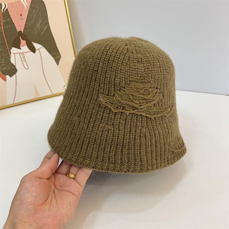 Autumn and Winter Wool Patch Fashion Knitted Bucket Hat Solid Color Warm Simple Bucket Hat