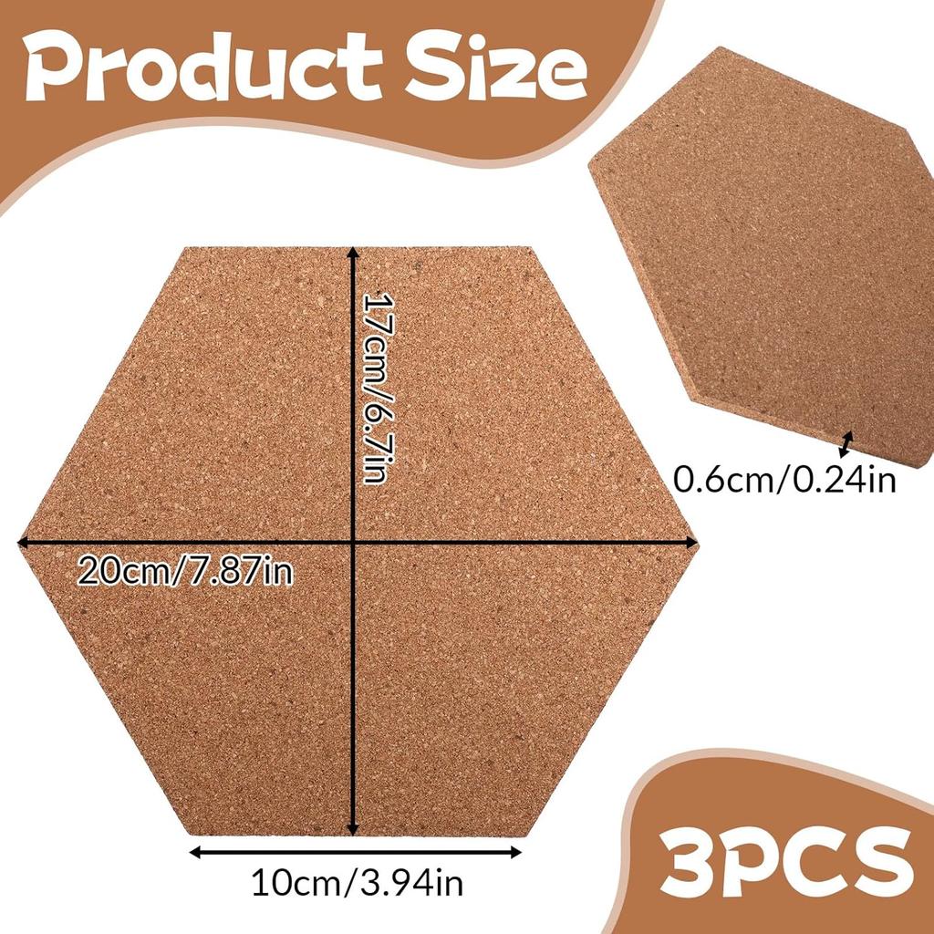 3 Pcs Cork Bulletin Board Hexagon, 7.87×6.7” Self Adhesive Corkboard Tiles for Walls Mini Wall Bulletin Boards Thick Tack Boards Hexagon Pin Board