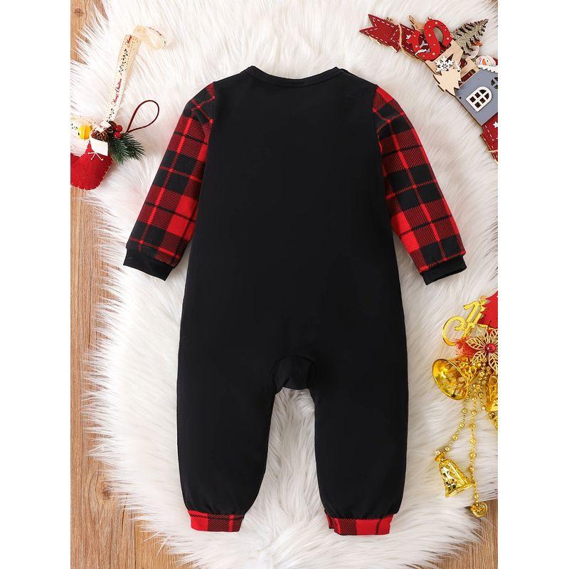 Foreign Trade Ins Newborn Baby Boys and Girls Letter Print Christmas Plaid Long-Sleeve Open-Crotch Romper