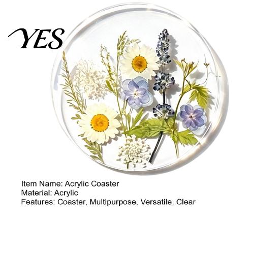 Decorative Acrylic Coasters Floral Print Coaster, Non-Slip Surface Heat Resistant Protection Cup Pad, Modern Kitchen Table Decor Transparent Round Mat