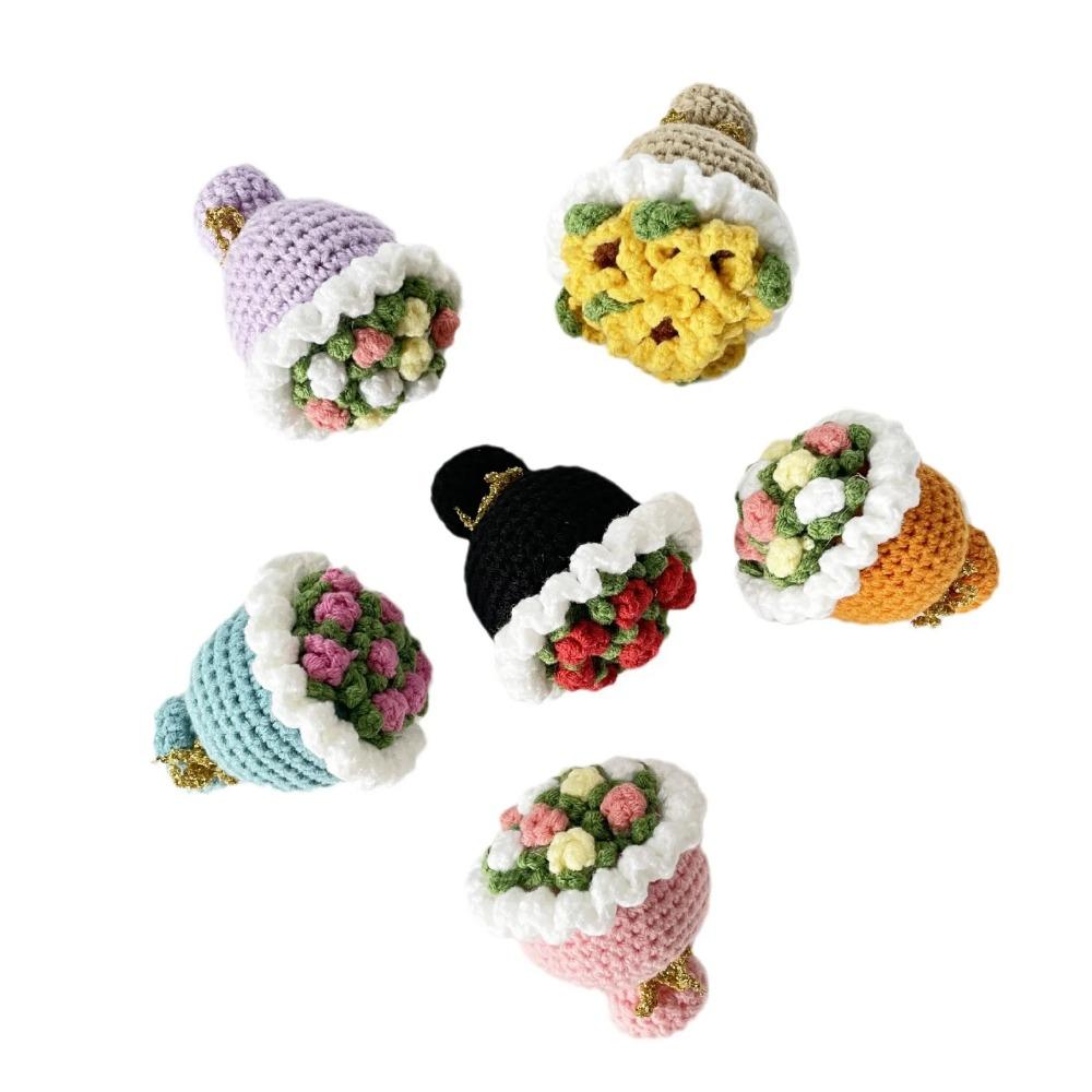 Mini Crochet Holding Flower Bouquet Ornament Valentine's Day Gift Party Decor Handmade Knitted Flowers Bouquet Home Room Decor