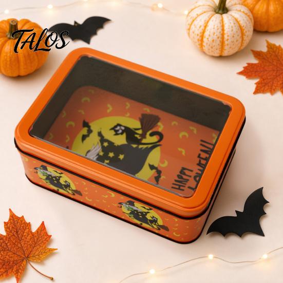 Desktop Decorative Storage Halloween Tin Box with Clear Lid, Witch Pumpkin Ghost Candy Snack Holders Container for Cookies Snacks, Festive Organizer
