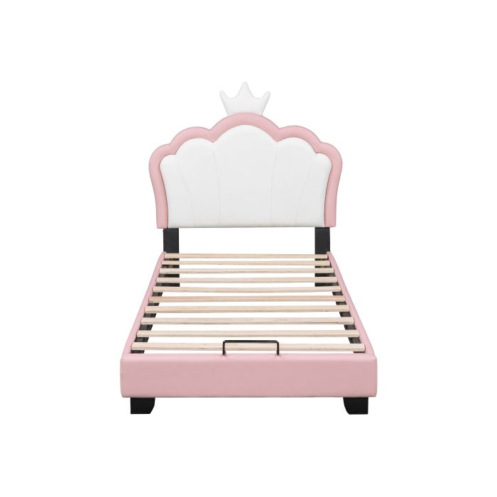 Lit Enfant - MUVOE - 90x200 Cm - Rose - Sommier À Lattes - Dossier En Forme De Couronne