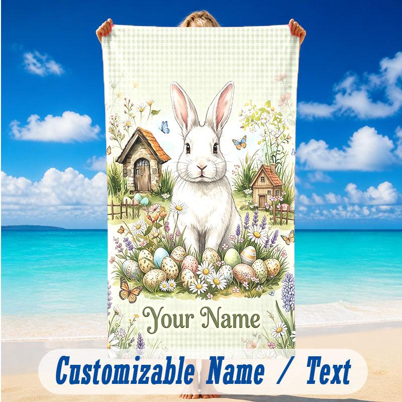 Easter Bunny Theme Beach Towel Personalized Custom Name & Text Soft Quick Dry Beach Towel for Swimming Travel