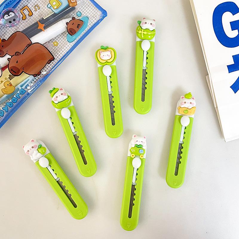 Cute Green Apple Cat Utility Knife Retractable Knife Paper Box Cutter Portable Express Package Knife Student Paper Cutter
