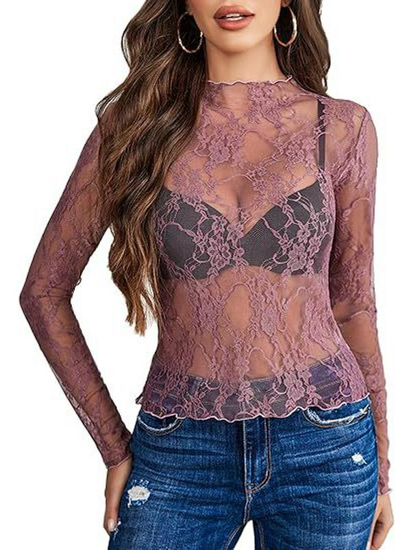 

2026 European & American Style Lace Floral See-Through Long-Sleeve Women s Top Small