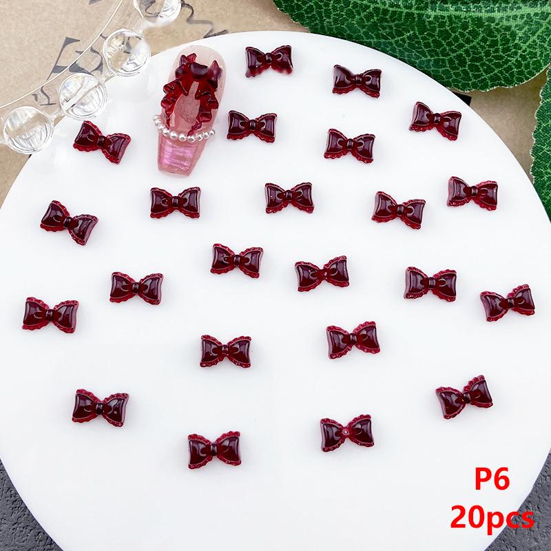 20Pcs Wine Red Resin Bow Nail Charm Bulk Mix Size 3D Ribbon Bowkont Mini Kawaii Nail Art Accessories Diy Cute Nails Decorations