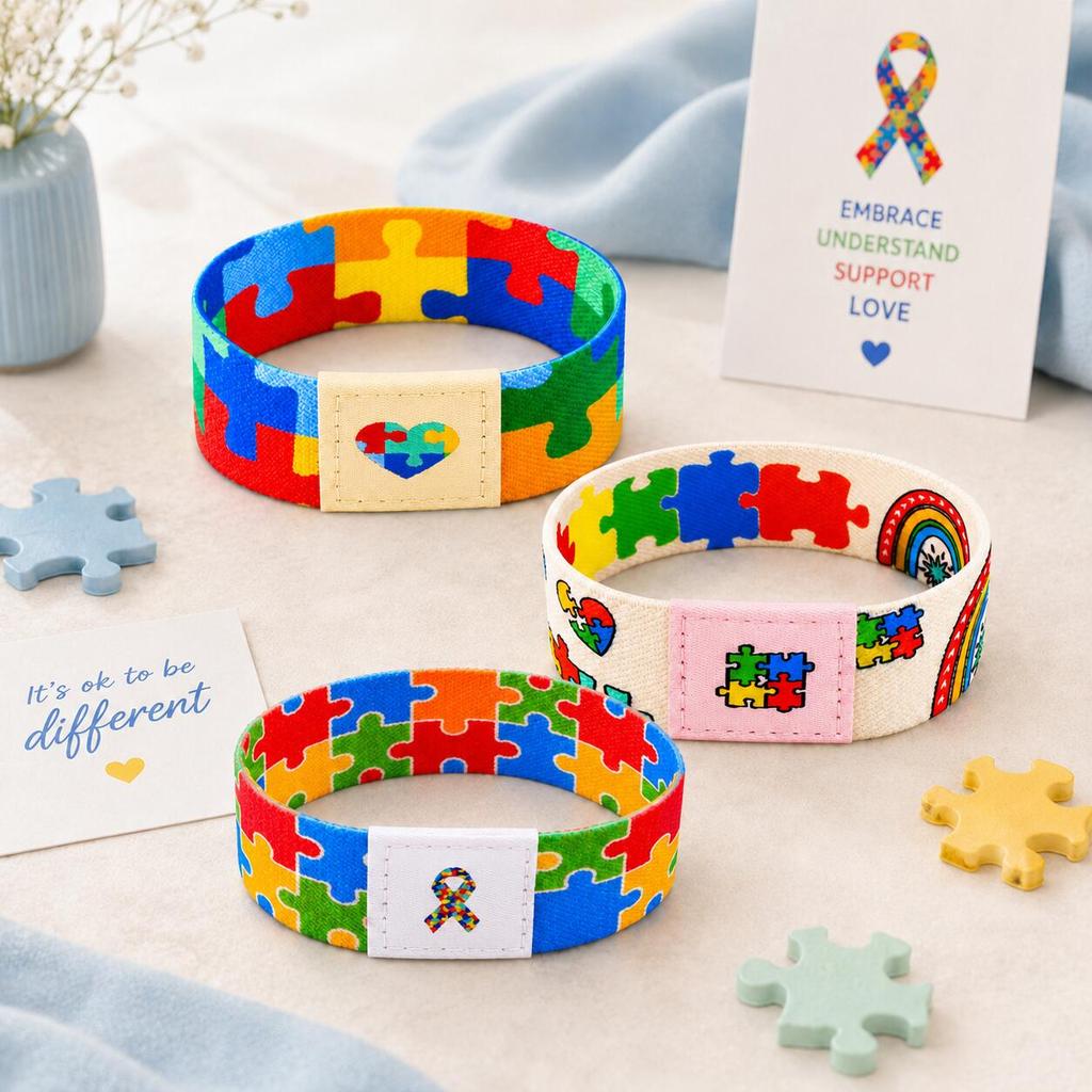 Autism Awareness Puzzle Bracelet, Colorful Elastic Wristband for Women Men, Waterproof Comfort Daily Charity Support Gift