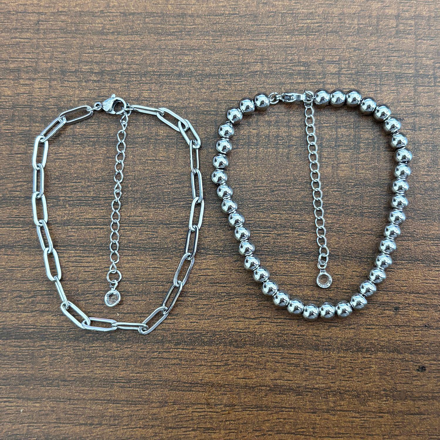 18K Gold Plated Stainless Steel Paperclip Square Wire Chain Bracelet with Gold and Steel Beads