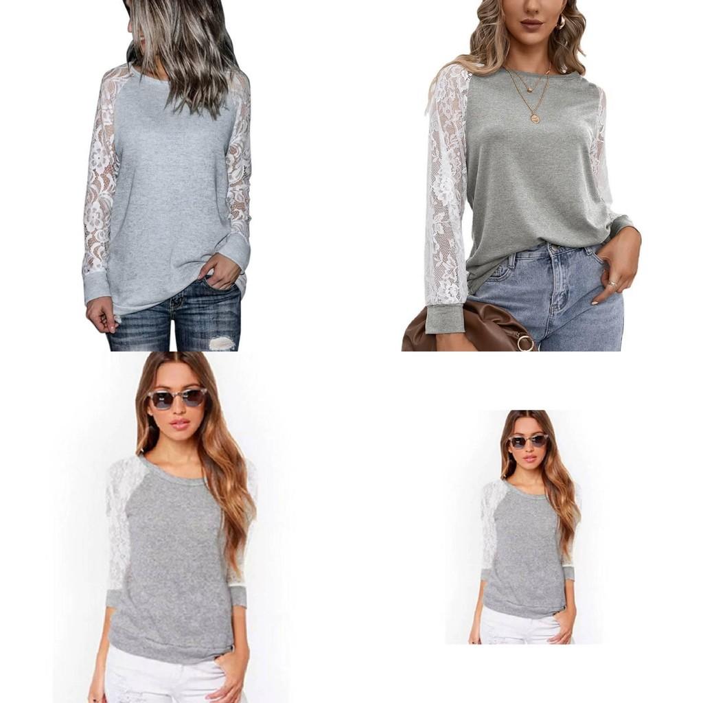 Trim Grey Lace Crew Neck Fitted Tshirt Blended Fabric Hoodie Women Sleeve Long
