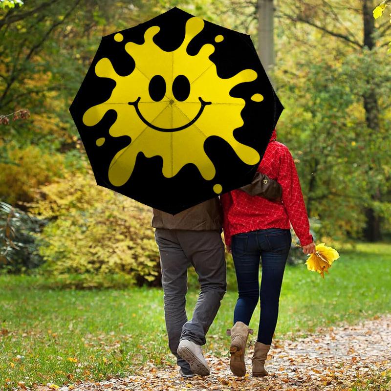 1pc smiley sun Automatic Folding Umbrella, Heavy Duty 8 Rib Iron Frame,  Suitable for Travel, Daily Use, Birthday, Decor Gift  54