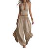 Women's Halter Sleeveless Summer 2 Piece Sets, Pleated Ruffle Backless V Neck Top And Wide Leg Pants Matching Outfits