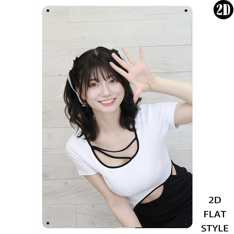 

HD Metal Tin Sign Cute Asian Girl in White Cutout Top Black Skirt Retro Wall Decor for Man Cave Japanese Home Style Room 20x30cm（7.8x11.8inch）