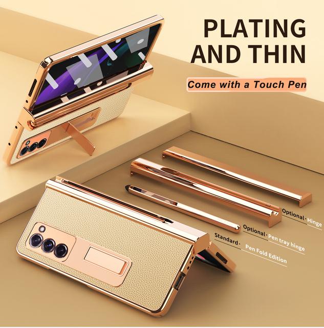 Plating Hinge Protector Case For Samsung Galaxy Z Fold 2 5g Leather Case With Touch Pen Magnetic Holder Front Screen Glass Film