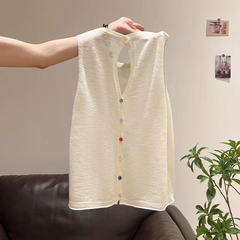 

Korean Style Cut Out Ice Silk Knitted Vest Women s Summer New Design Sense Cut Out Thin Sleeveless Open Back Tops Rice White S