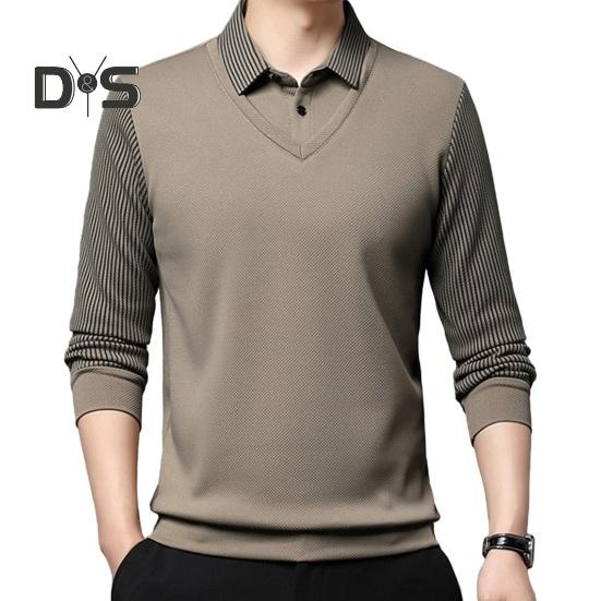 

Мужская рубашка осень-весна с отложным воротником, имитация двухсекционного свитера в стиле пэчворк, большой размер, полосатая пуговица, формальный деловой стиль, мужской офисный топ XL хаки