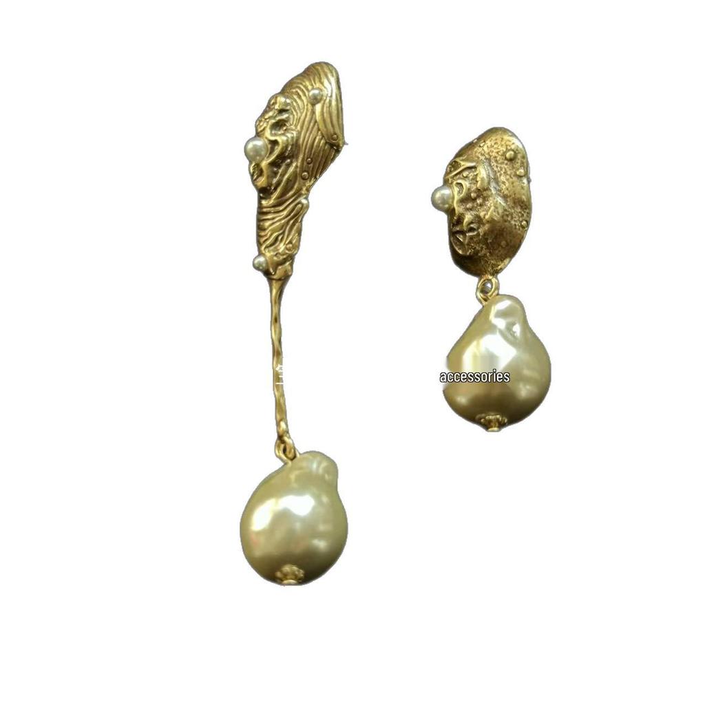 European Retro Baroque Glass Pearl Earrings with Asymmetrical Gold & Silver Studs