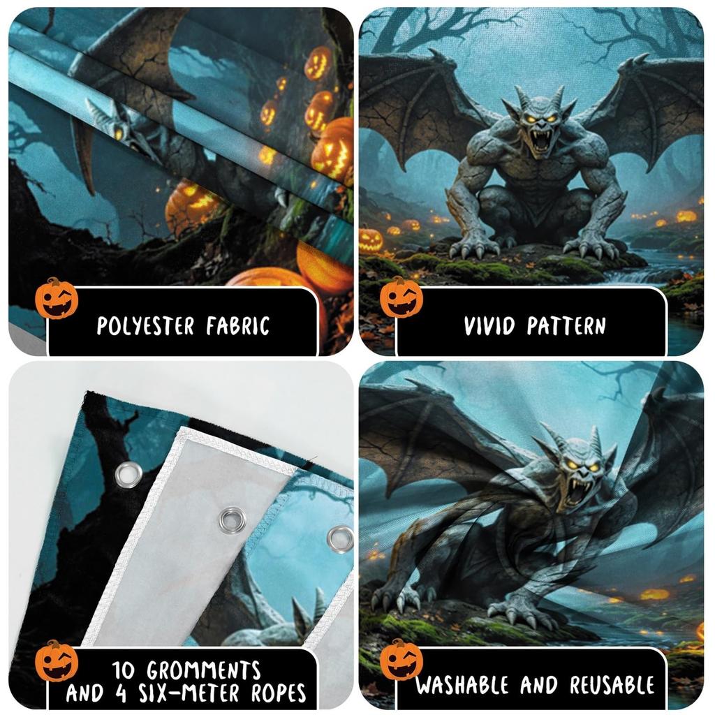 16x7ft Fabric Giant Winged Gargoyle Halloween Garage Door Banner
