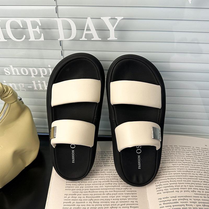 

Niche muffin thick-soled cool slippers women s summer outer wear spring and summer new fashionable versatile one-word beach sandals 40 бежевый