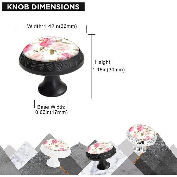 4 Pack Black Drawer Knobs,Beautiful Floral Pink Roses Cabinet Knobs Crystal Glass Dresser Knobs Drawer Pulls Door Knobs for Kitchen Cabinet Hardware
