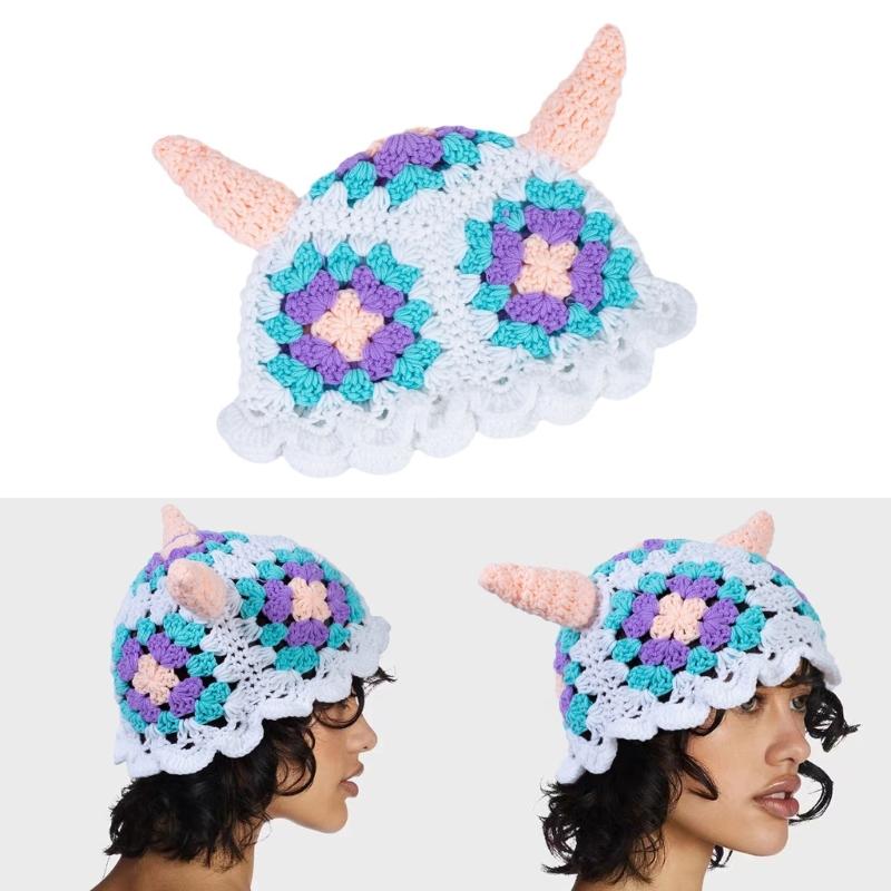 Knit Bucket Hat for Woman Breathable Weaving Horn Decor Bucket Hat Adult Teens Summer Floral Pattern Fisherman Cap