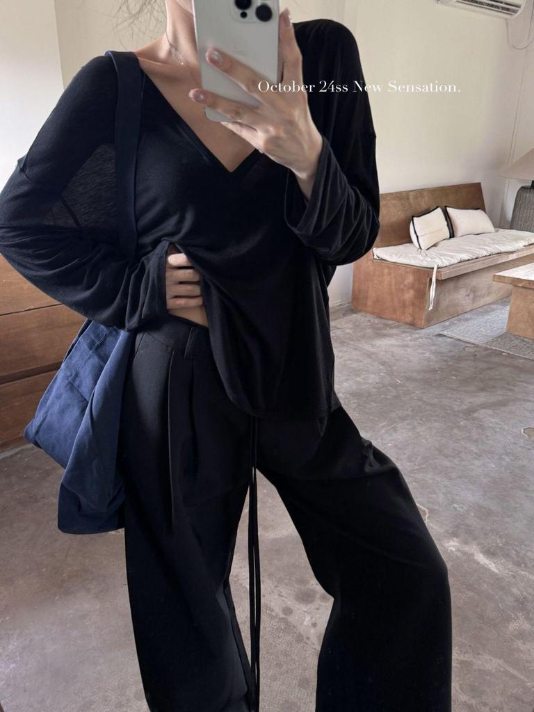 Tencel V-neck Ribbed Sheer Long Sleeve Loose Sun Protection Women's Top